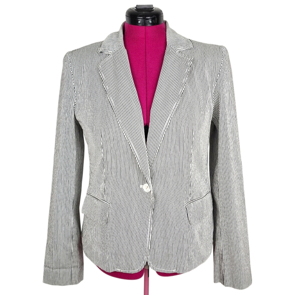 Rafaella Black White Striped Stretch Cotton Blend Blazer Jacket Size 12